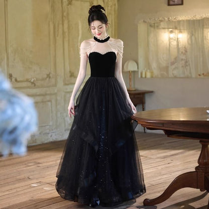 Sleeveless Mock Neck Glitter Faux Pearl Strand Beaded Ruffle Panel Mesh A-Line Evening Gown