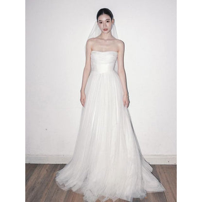 Plain Gathered Mesh A-Line Tube Wedding Gown