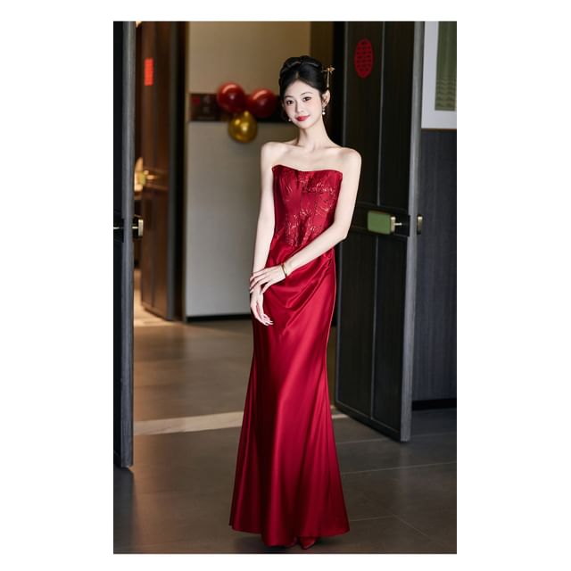 Floral Jacquard Panel Satin Trumpet Tube Evening Gown