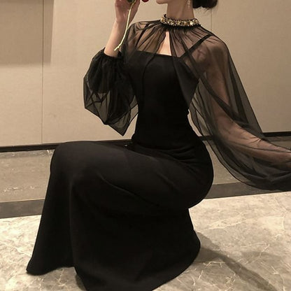 Set: Spaghetti Strap Plain Maxi Sheath Dress + Stand Collar Rhinestone Accent Mesh Shrug