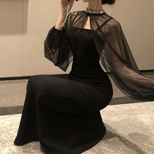 Set: Spaghetti Strap Plain Maxi Sheath Dress + Stand Collar Rhinestone Accent Mesh Shrug