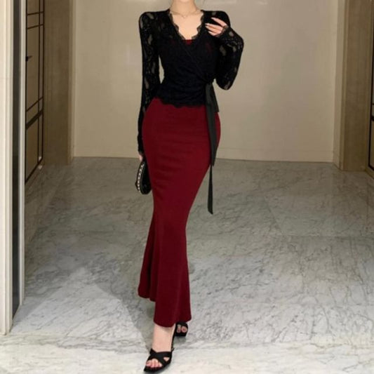 Set: Spaghetti Strap Scoop Neck Plain Maxi Mermaid Dress + V-Neck Lace Wrap Crop Light Jacket