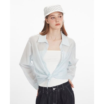 Pinstripe Collared Long-Sleeve Button-Down Shirt