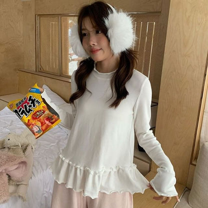 Ruffled-Hem Fitted Long-Sleeve Solid T-Shirt