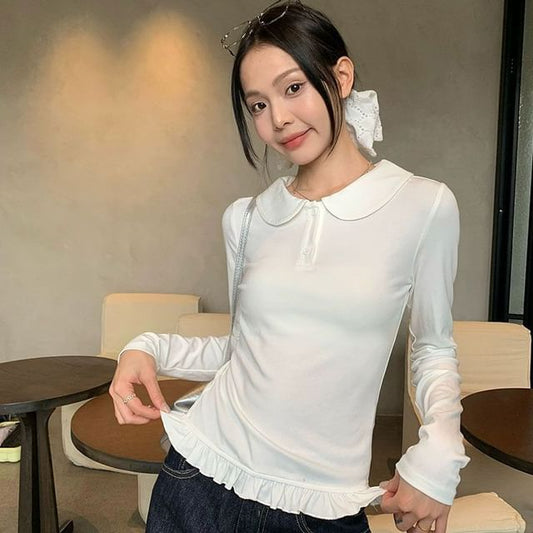 Peter Pan Collar Ruffled-Hem Fitted Long-Sleeve Blouse