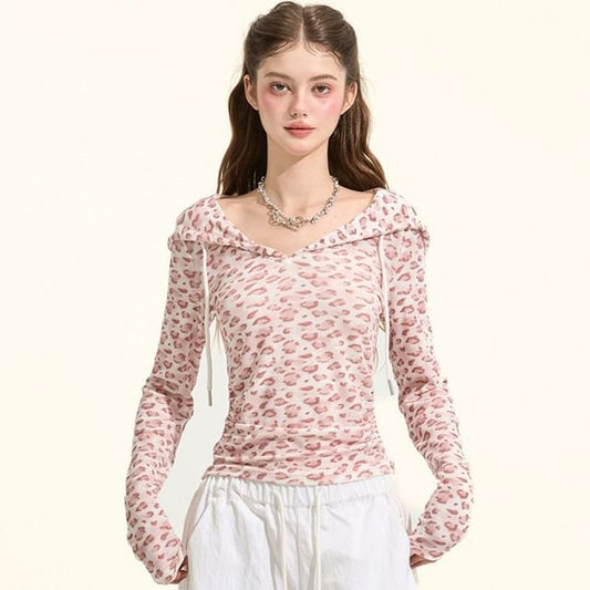 Leopard-Print V-Neck Fitted Long-Sleeve Hooded Tee