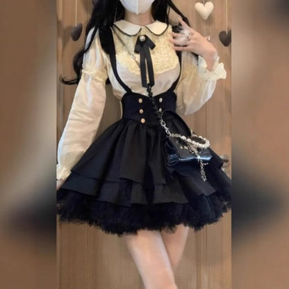Lace Shirt and Tiered Mini Dress Set with Straps