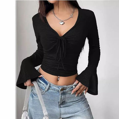 Crop Top with V-Neck and Long Sleeves in Solid Tone