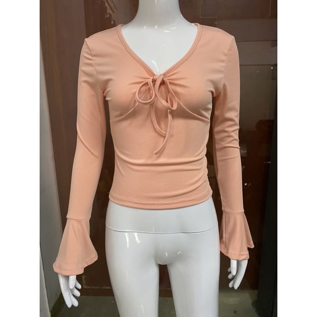 Crop Top with V-Neck and Long Sleeves in Solid Tone
