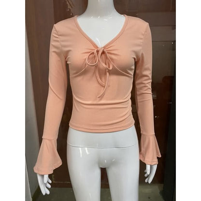 Crop Top with V-Neck and Long Sleeves in Solid Tone