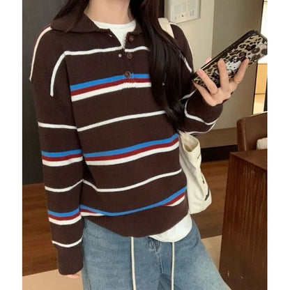 Striped Half-Button Loose-Fit Long-Sleeve Knit Sweater