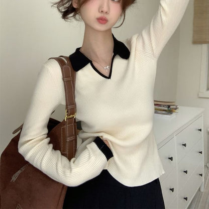 Color-Block V-Neck Collared Fitted Long-Sleeve Knit Sweater