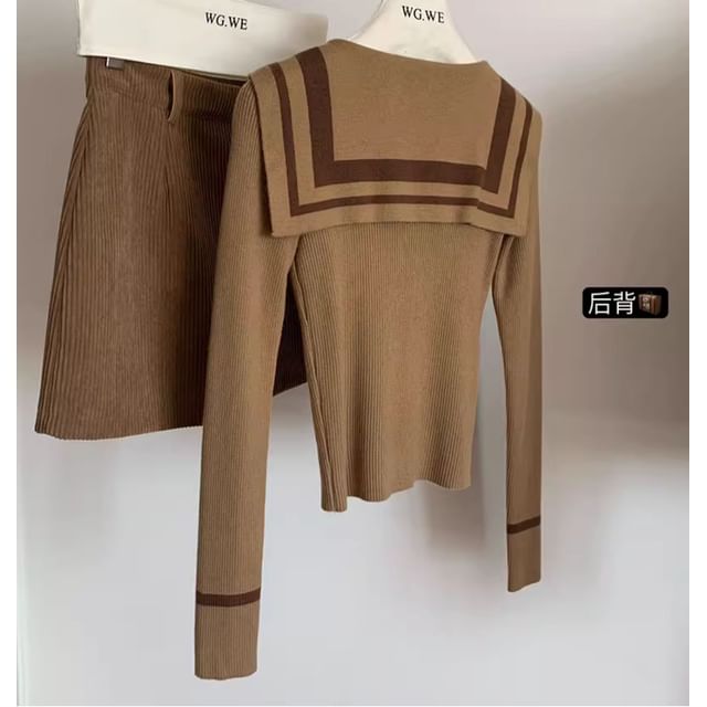Sailor-Collar Ribbed Fitted Long-Sleeve Knit Pullover