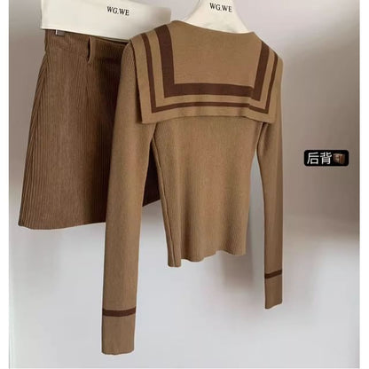 Sailor-Collar Ribbed Fitted Long-Sleeve Knit Pullover