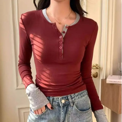 Slim-Fit Color-Block Henley Top with Mock Neck and Long Sleeves