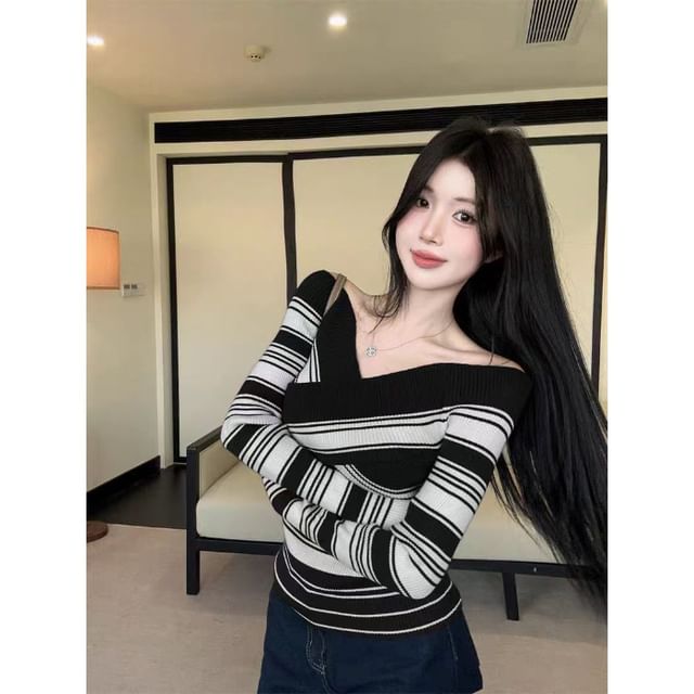 Off-Shoulder Striped Fitted Long-Sleeve Knit Pullover
