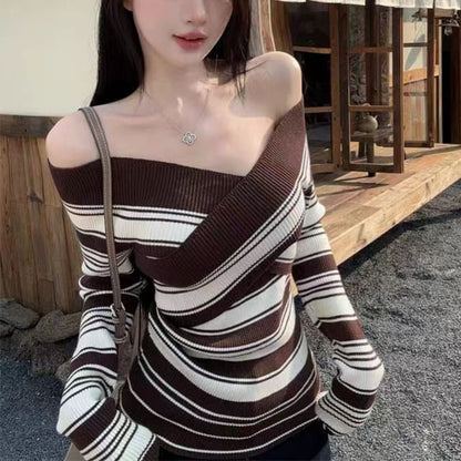 Off-Shoulder Striped Fitted Long-Sleeve Knit Pullover