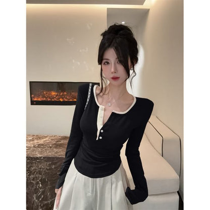 Contrast-Trim Half-Button Fitted Long-Sleeve Tee