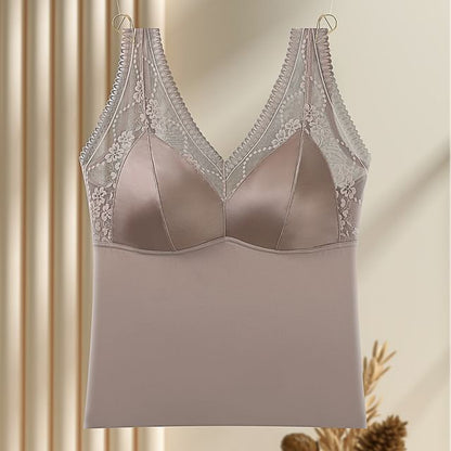 Padded Satin Crop Tank with Lace Panel and V-Neck