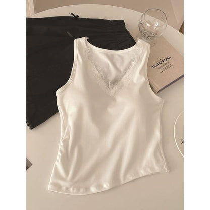Asymmetrical Lace Trim Padded Crop Tank with V-Neck