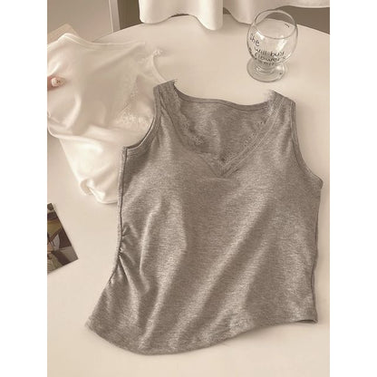 Asymmetrical Lace Trim Padded Crop Tank with V-Neck