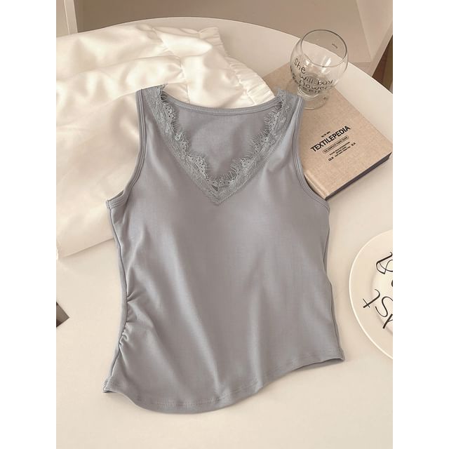 Asymmetrical Lace Trim Padded Crop Tank with V-Neck