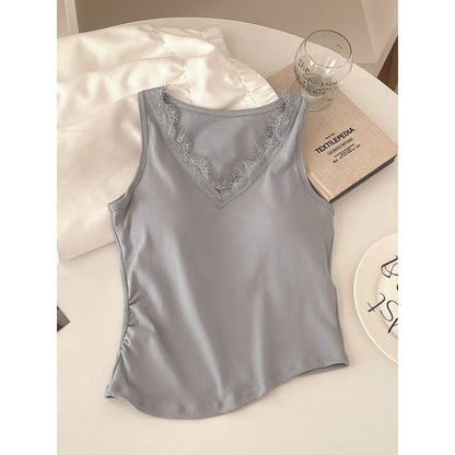 Asymmetrical Lace Trim Padded Crop Tank with V-Neck