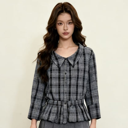 Elegant Plaid Collared Ruffle Hem Long-Sleeve Blouse