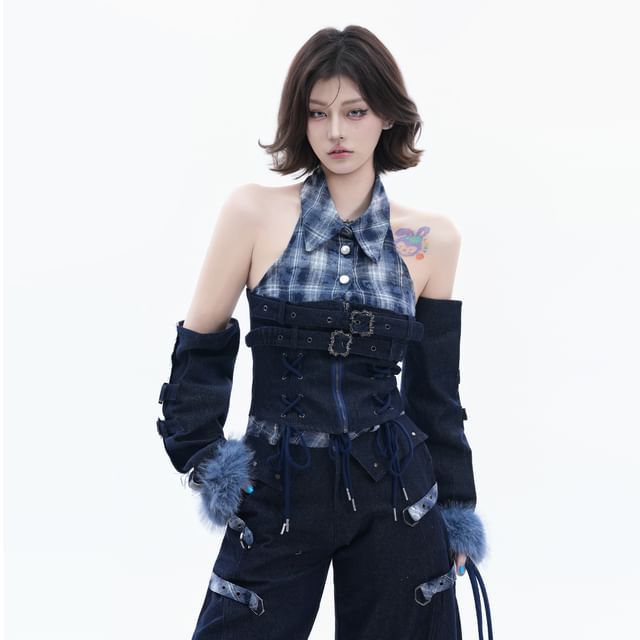 Stylish Halter Plaid Denim Crop Top Set with Belted Arm Sleeves