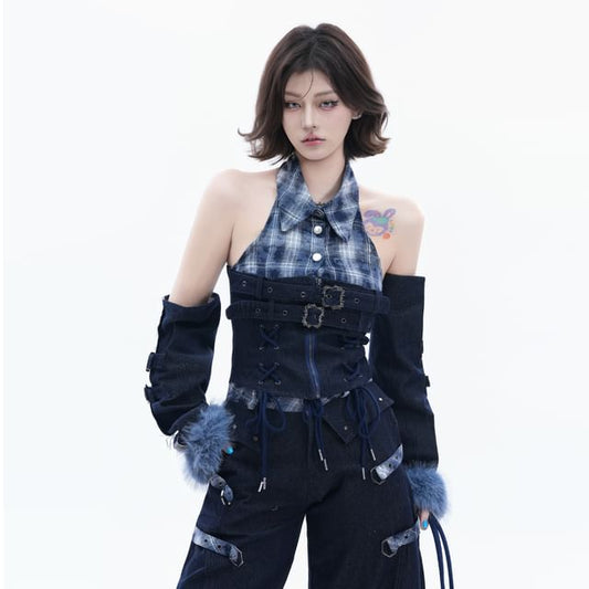 Stylish Halter Plaid Denim Crop Top Set with Belted Arm Sleeves