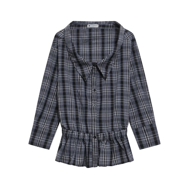 Elegant Plaid Collared Ruffle Hem Long-Sleeve Blouse
