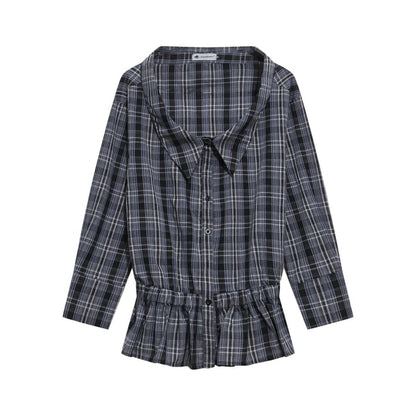 Elegant Plaid Collared Ruffle Hem Long-Sleeve Blouse