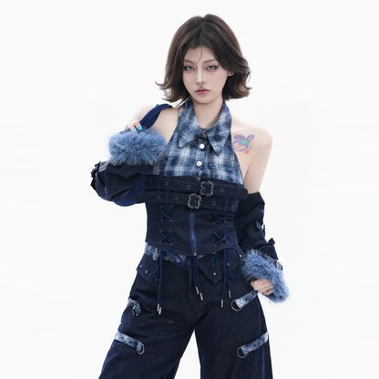 Stylish Halter Plaid Denim Crop Top Set with Belted Arm Sleeves
