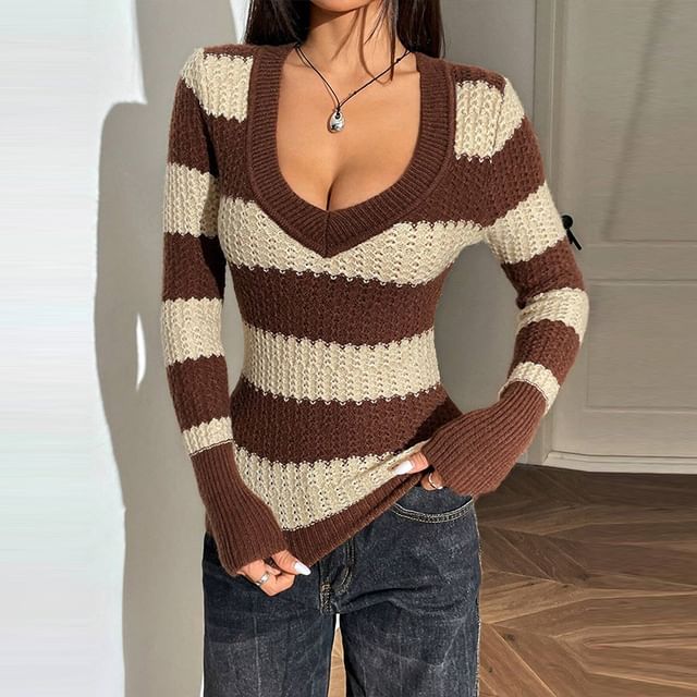 V-Neck Striped Knit Long-Sleeve Top