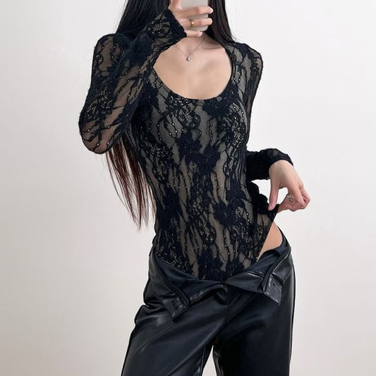 Lace-Trimmed Bodysuit Top with Scoop Neck and Long Sleeves