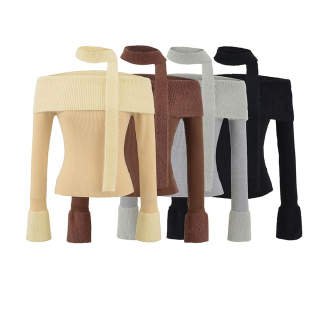 Crop Knit Top with Off-Shoulder Neckline and Long Sleeves