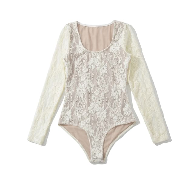 Lace-Trimmed Bodysuit Top with Scoop Neck and Long Sleeves