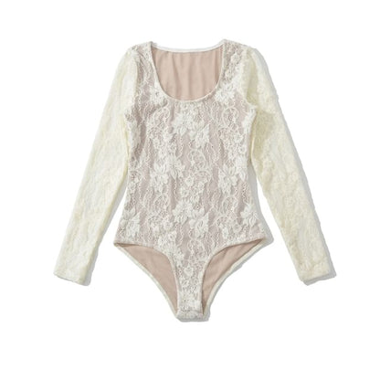 Lace-Trimmed Bodysuit Top with Scoop Neck and Long Sleeves