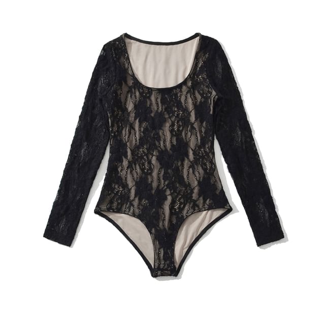 Lace-Trimmed Bodysuit Top with Scoop Neck and Long Sleeves