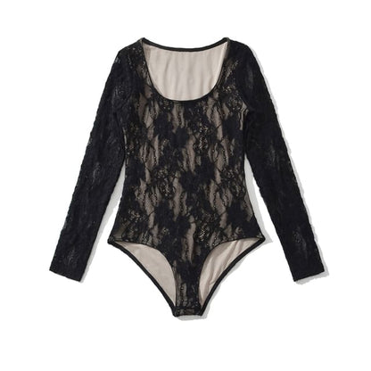 Lace-Trimmed Bodysuit Top with Scoop Neck and Long Sleeves