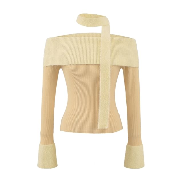 Crop Knit Top with Off-Shoulder Neckline and Long Sleeves