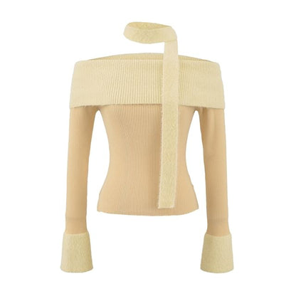Crop Knit Top with Off-Shoulder Neckline and Long Sleeves