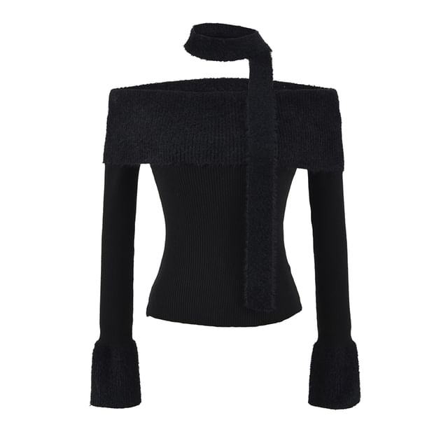 Crop Knit Top with Off-Shoulder Neckline and Long Sleeves