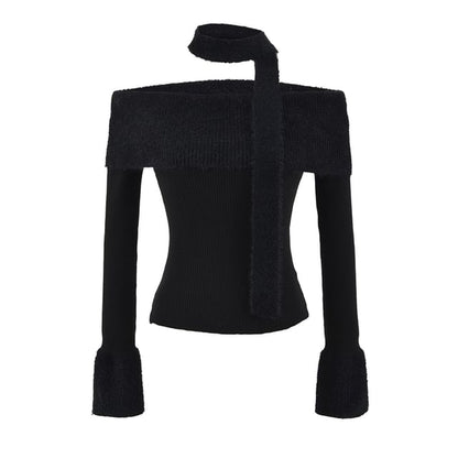 Crop Knit Top with Off-Shoulder Neckline and Long Sleeves
