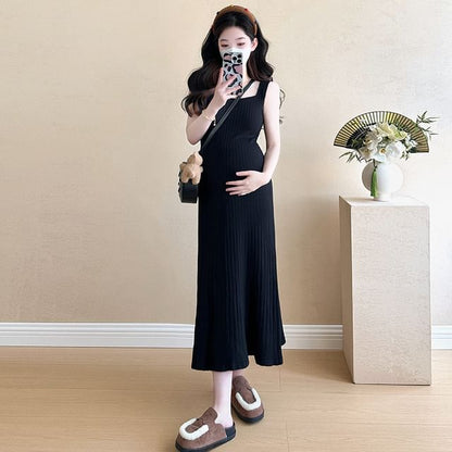 Maternity Striped Sweater and Sleeveless Square Neck Midi Dress Set