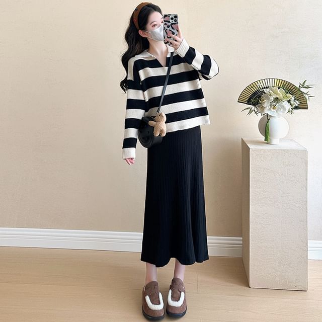 Maternity Striped Sweater and Sleeveless Square Neck Midi Dress Set