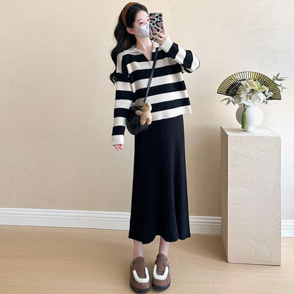 Maternity Striped Sweater and Sleeveless Square Neck Midi Dress Set