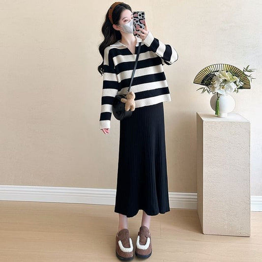 Maternity Striped Sweater and Sleeveless Square Neck Midi Dress Set