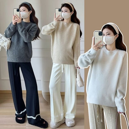 Maternity Crew Neck Raglan Sweater with Drawstring Waist Loose Pants