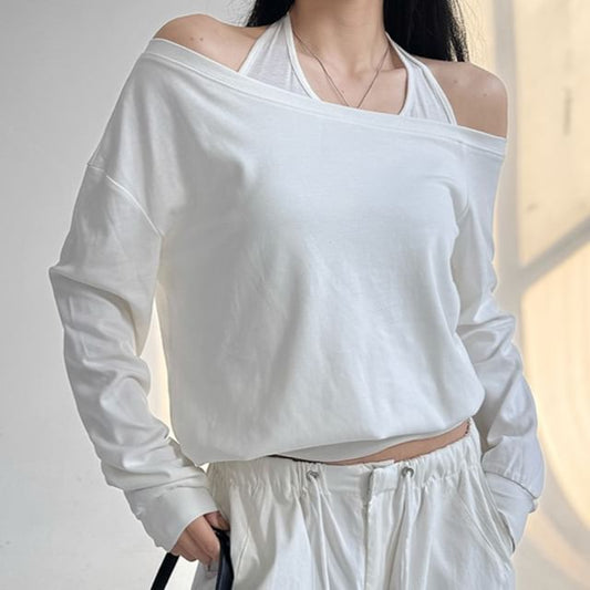 Stylish Cold Shoulder Mock Two-Piece Long-Sleeve Top